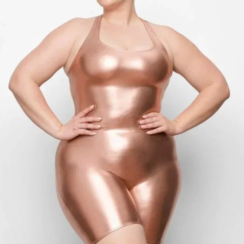 NWT SKIMS Metallic Swim Romper Cycle Suit in Champagne Rose Gold Size Medium